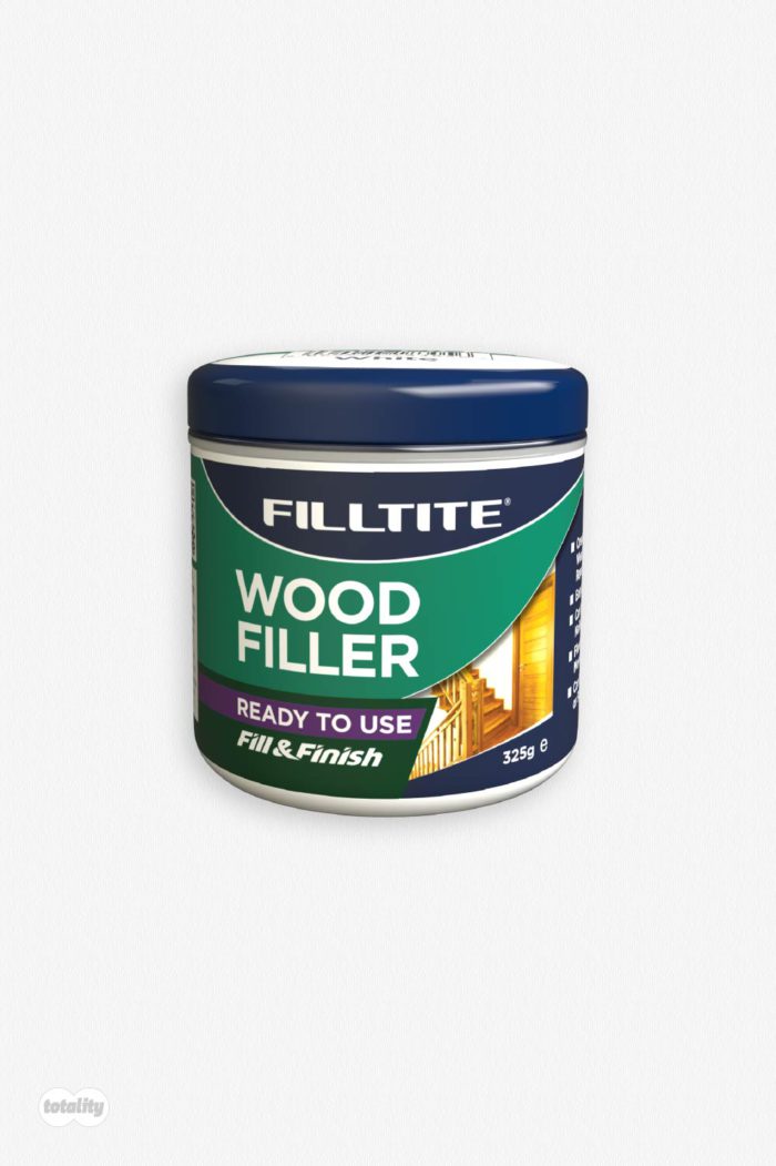 Front of Filltite white wood filler 325g tub