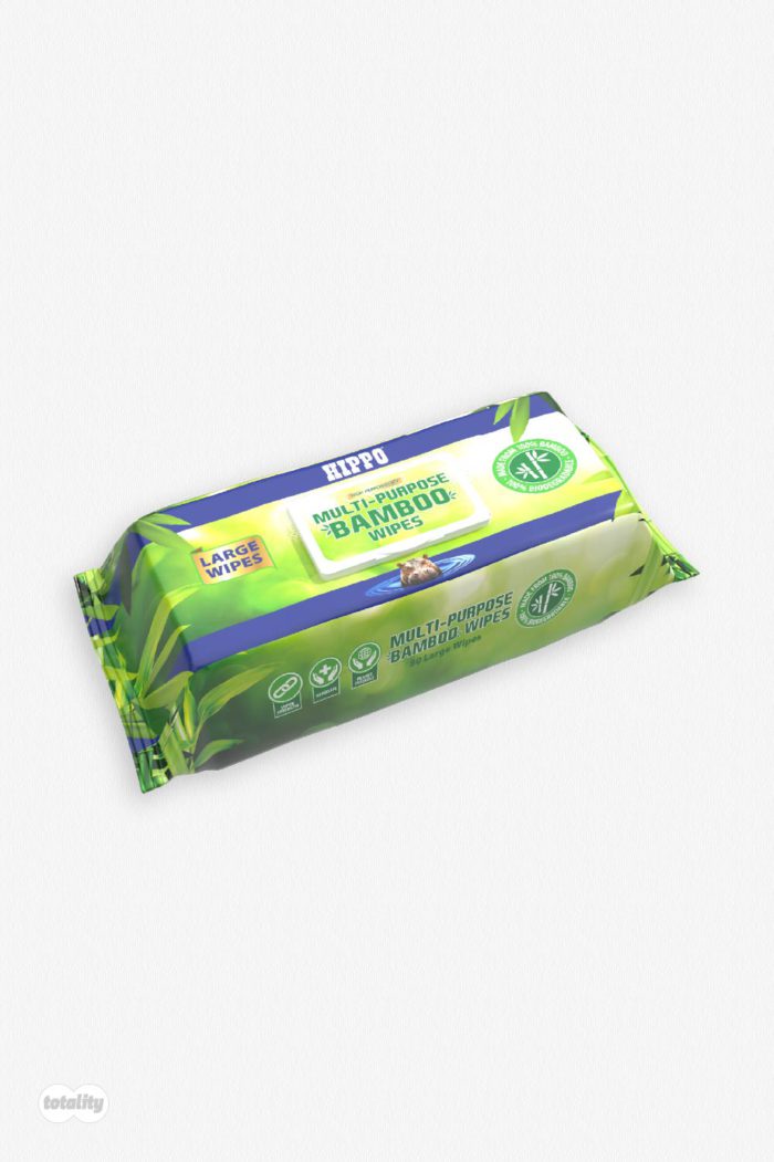 Front left of Hippo biodegradable multi purpose wipes grab bag of 80
