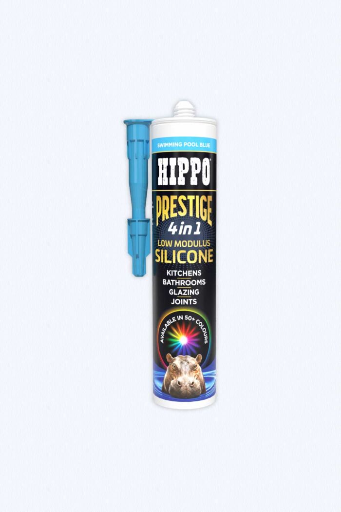 290ml cartridge pack of Hippo Prestige silicone sealant in swiming pool blue