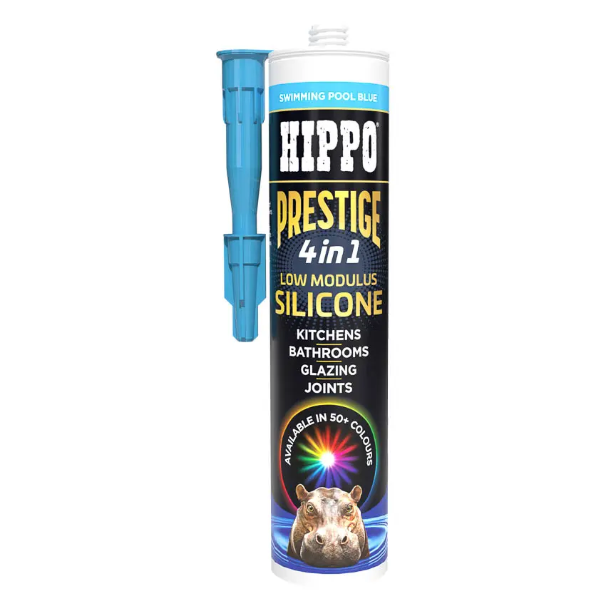 290ml cartridge of Hippo Prestige silicone sealant in swimming pool blue