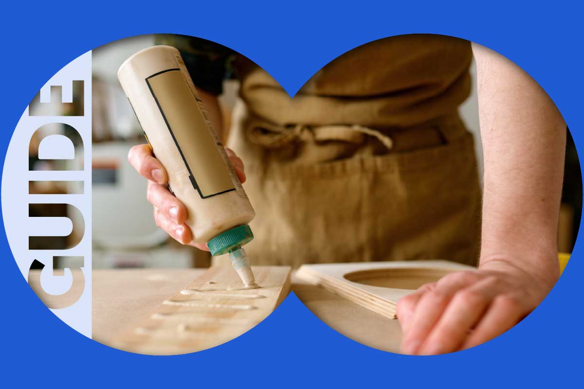 Person applying the best glue for wood from a bottle onto wooden pieces, with the word 'GUIDE' visible on the left.