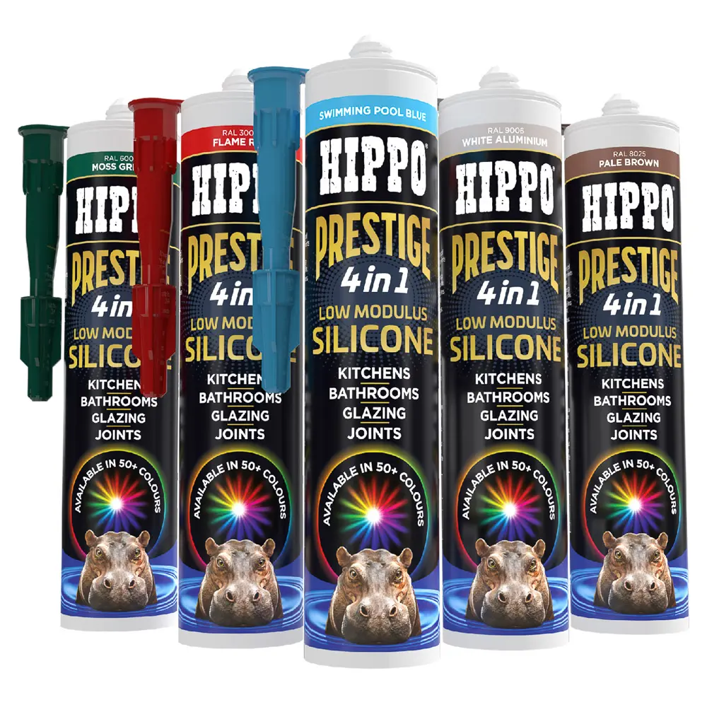 Cartridges of Hippo prestige coloured silicone sealants in swimming pool blue, flame red, moss green, white aluminium and pale brown