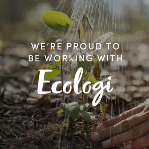 Ecologi logo in front of a tree sapling being watered by hand