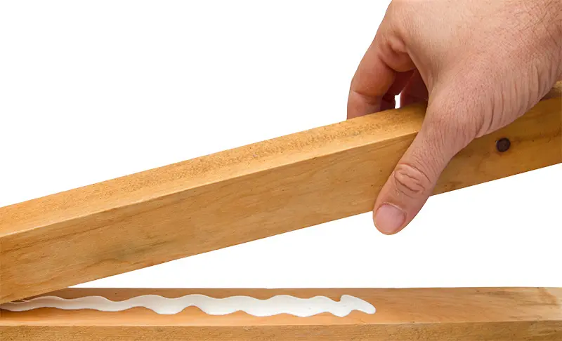 A bead of white PVA glue between two pieces of wood that are being glued by hand