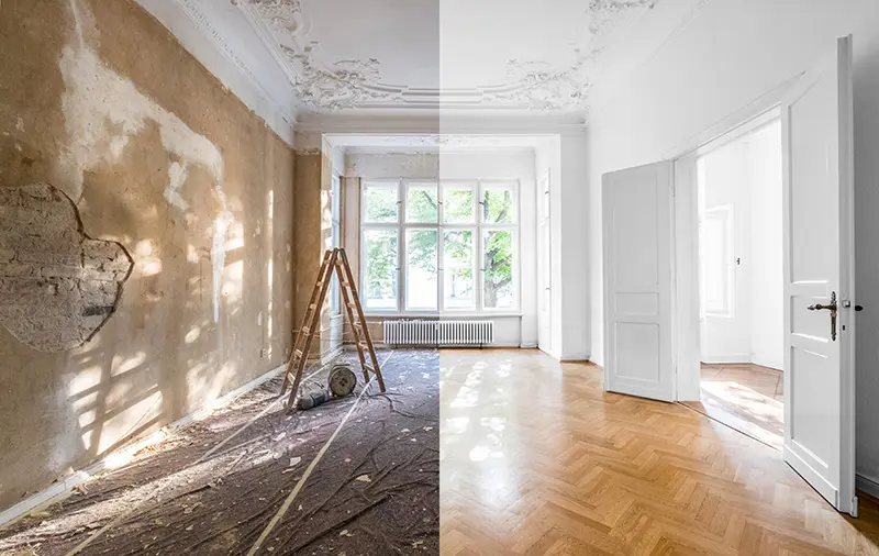An indoor room with one half before renovation and the other fully decorated