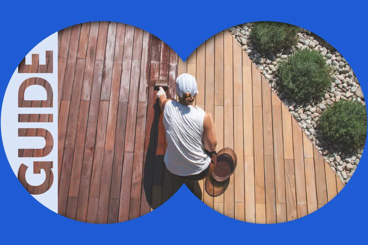 Overhead view of garden decking with person applying wood stain with a brush and the word guide visible in the left side of the image.