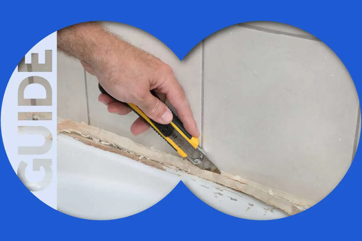 Man showing how to remove silicone sealant with a sharp knife and the word guide visible in the left side of the image.