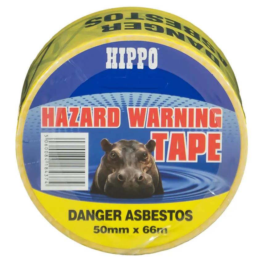 Roll of 50mm x 66 metre asbestos tape with the words danger asbestos printed in black on a bright yellow background